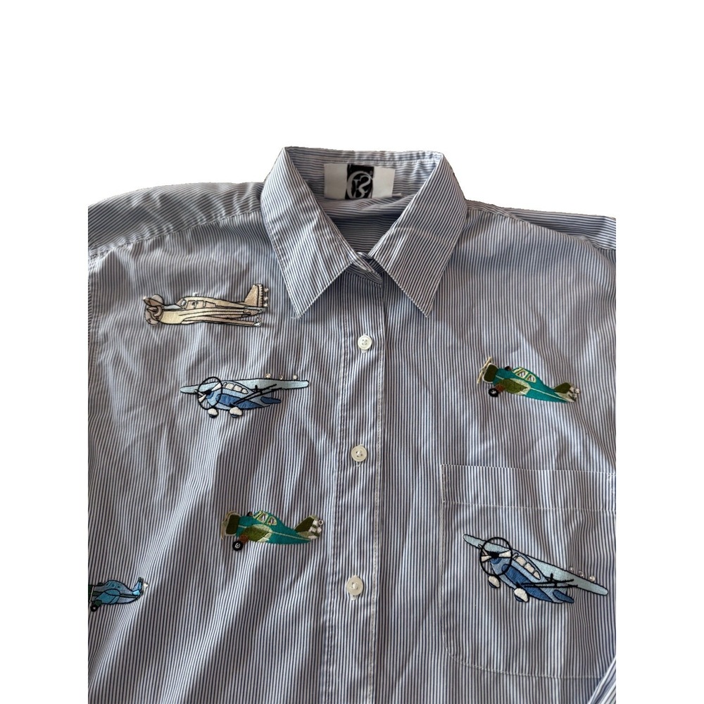 Vintage CS Novelty Airplane Embroidered Blue Pinstripe Button Shirt Womens Med